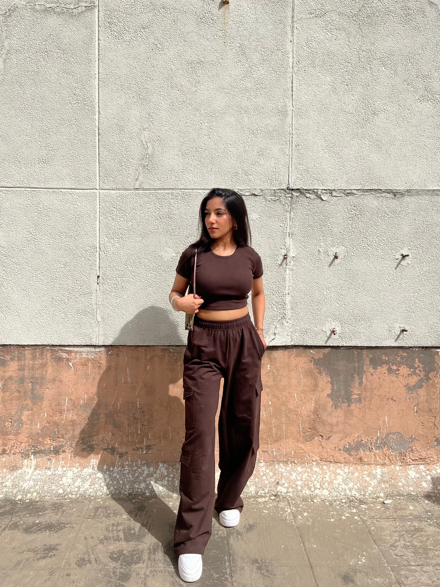 Brown French Terry Half Sleeves Cargo Set