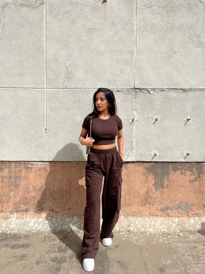 Brown French Terry Half Sleeves Cargo Set