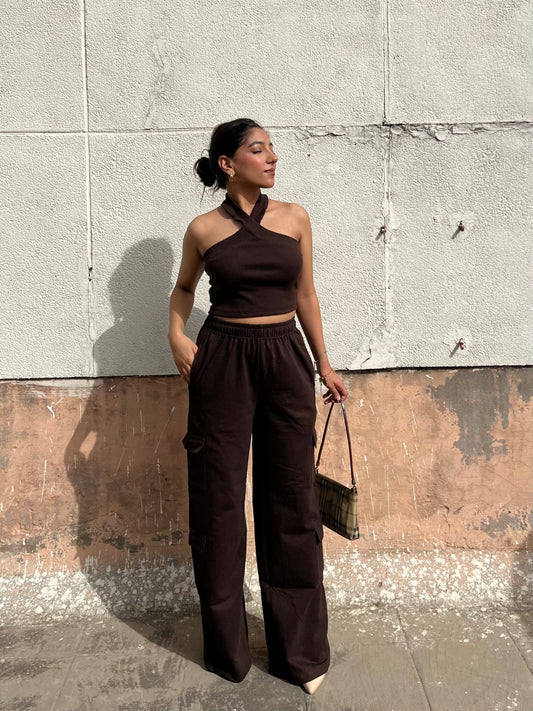 Brown Halter Cargo French Terry Co-ord