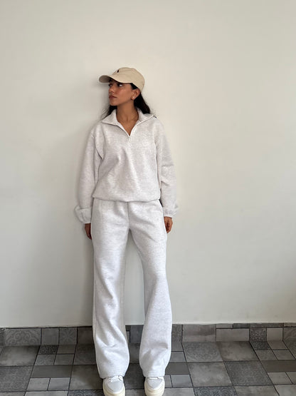 Unisex Grey Melange Half-Zip Cotton Fleece SET  (High Warmth)