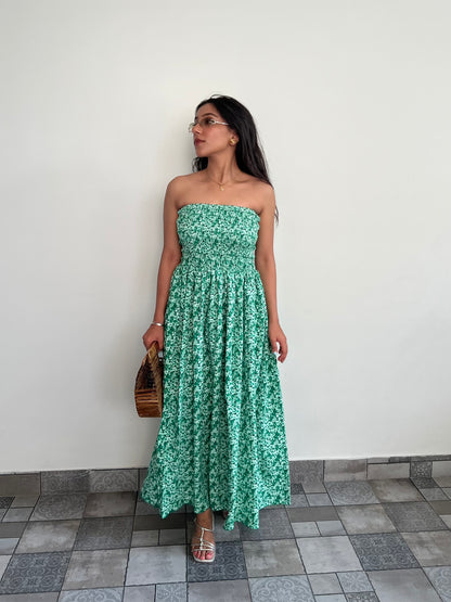 Tube smocking green print dress