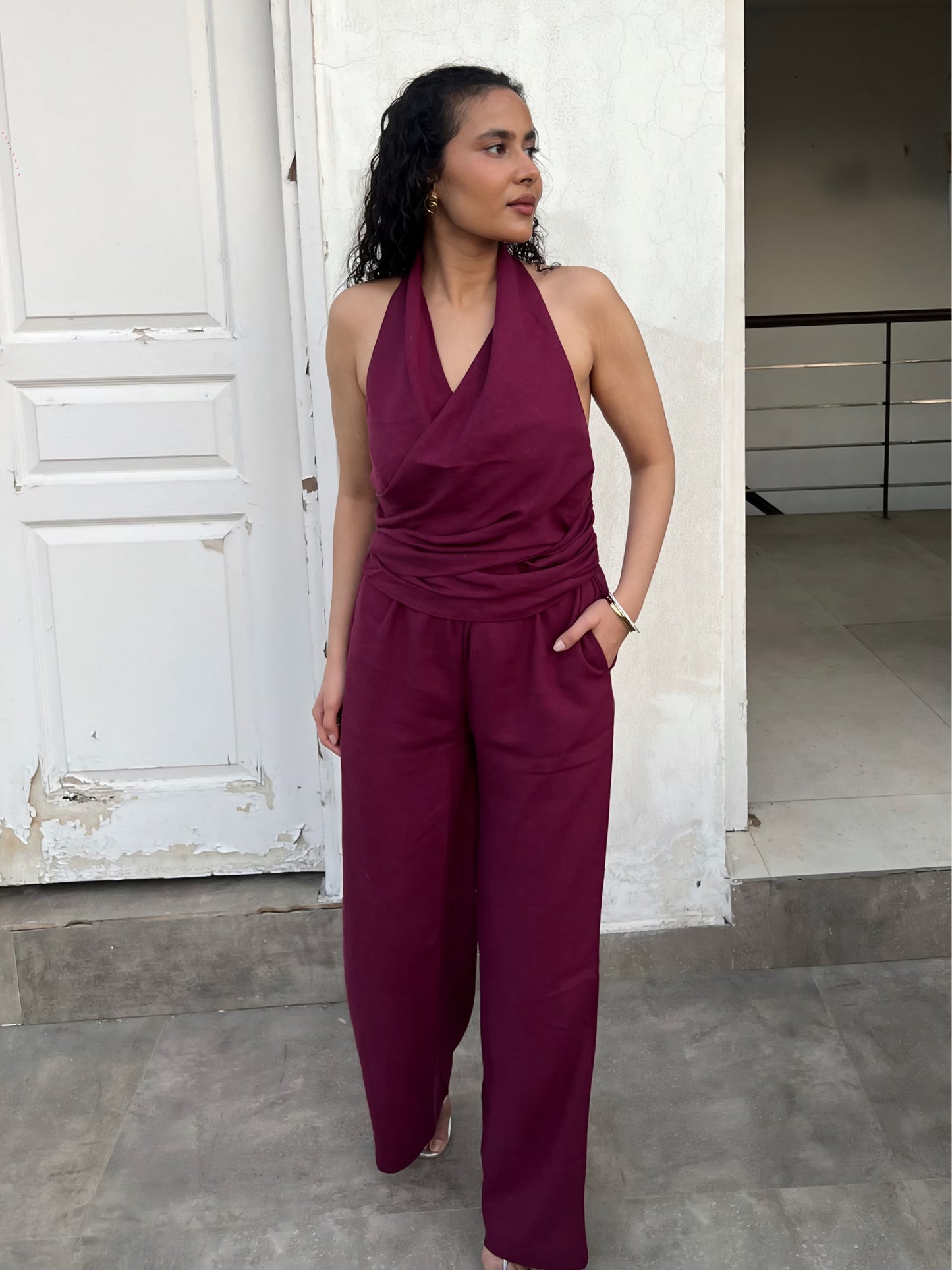 Wine Cotton Linen Ruched Halter Top & Pants Set