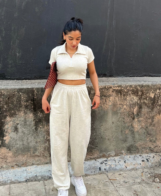 Off White Melange French Terry Zip Co-ord
