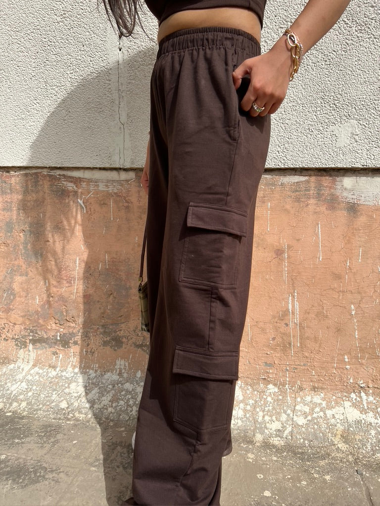Brown French Terry Half Sleeves Cargo Set