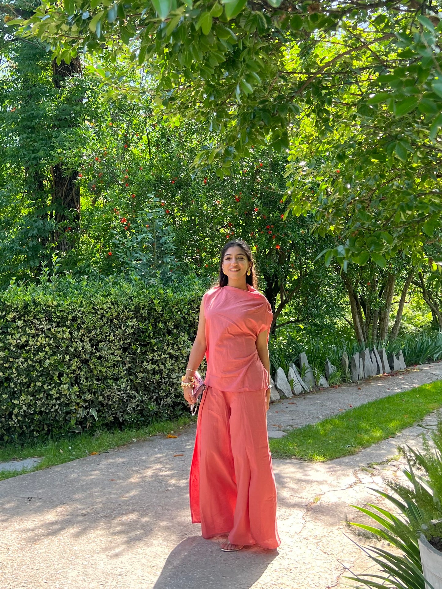Dusty Rose Pure Cotton Draped Top & Pants Set