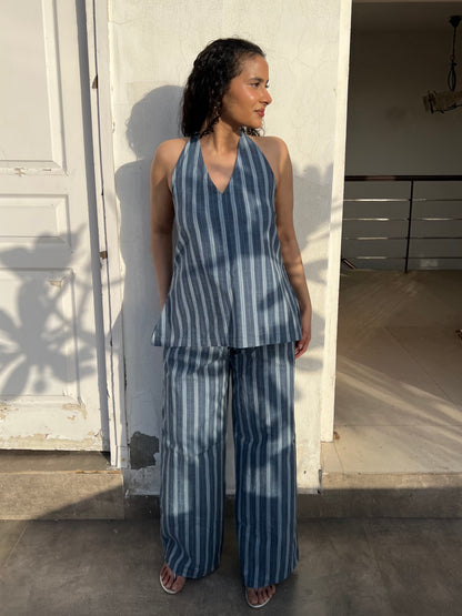 Blue Pure Cotton Stripes Tie up & Pants Set