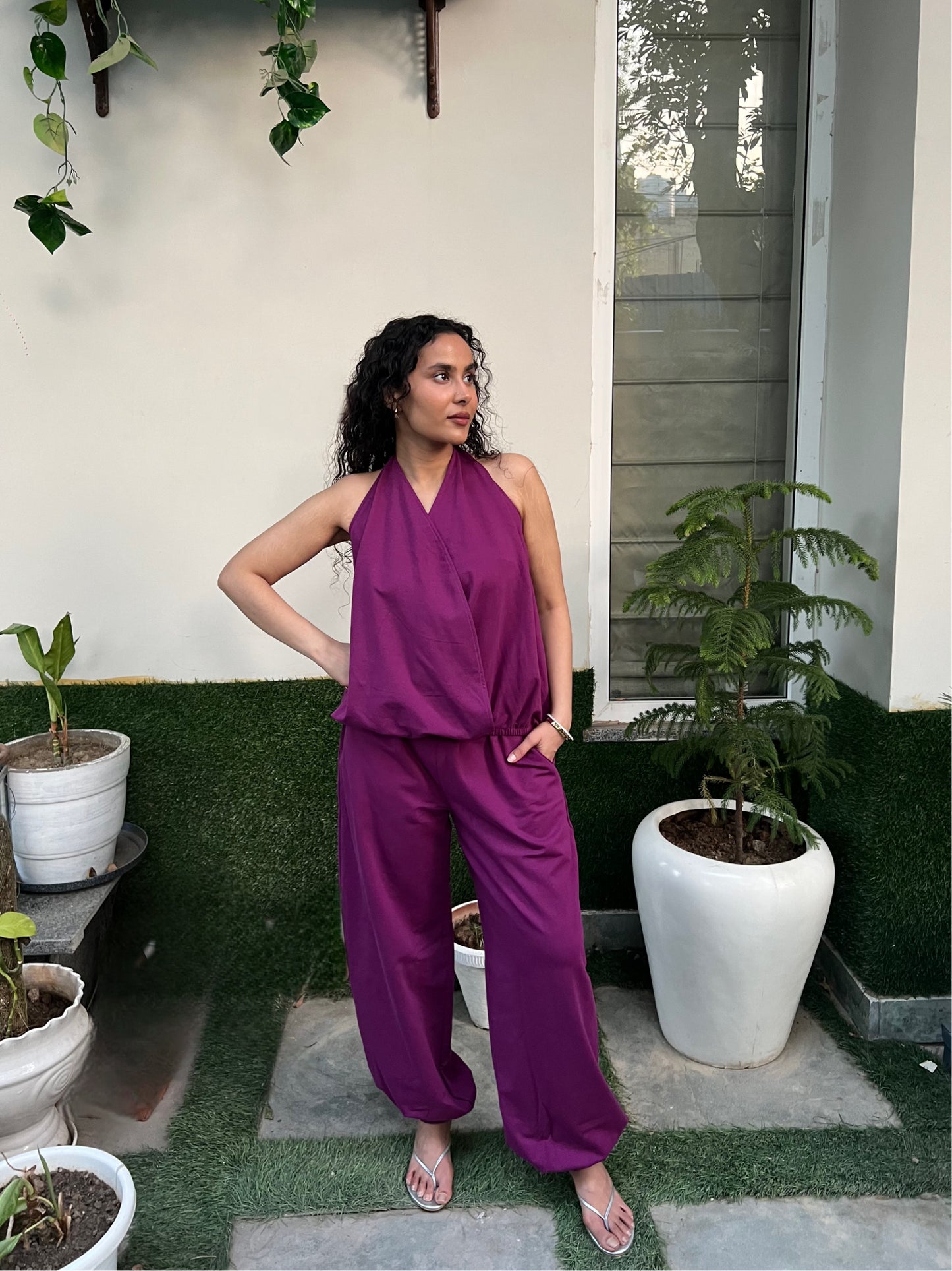 Plum Cotton Terry Tie-Up Top & Balloon Pants Set