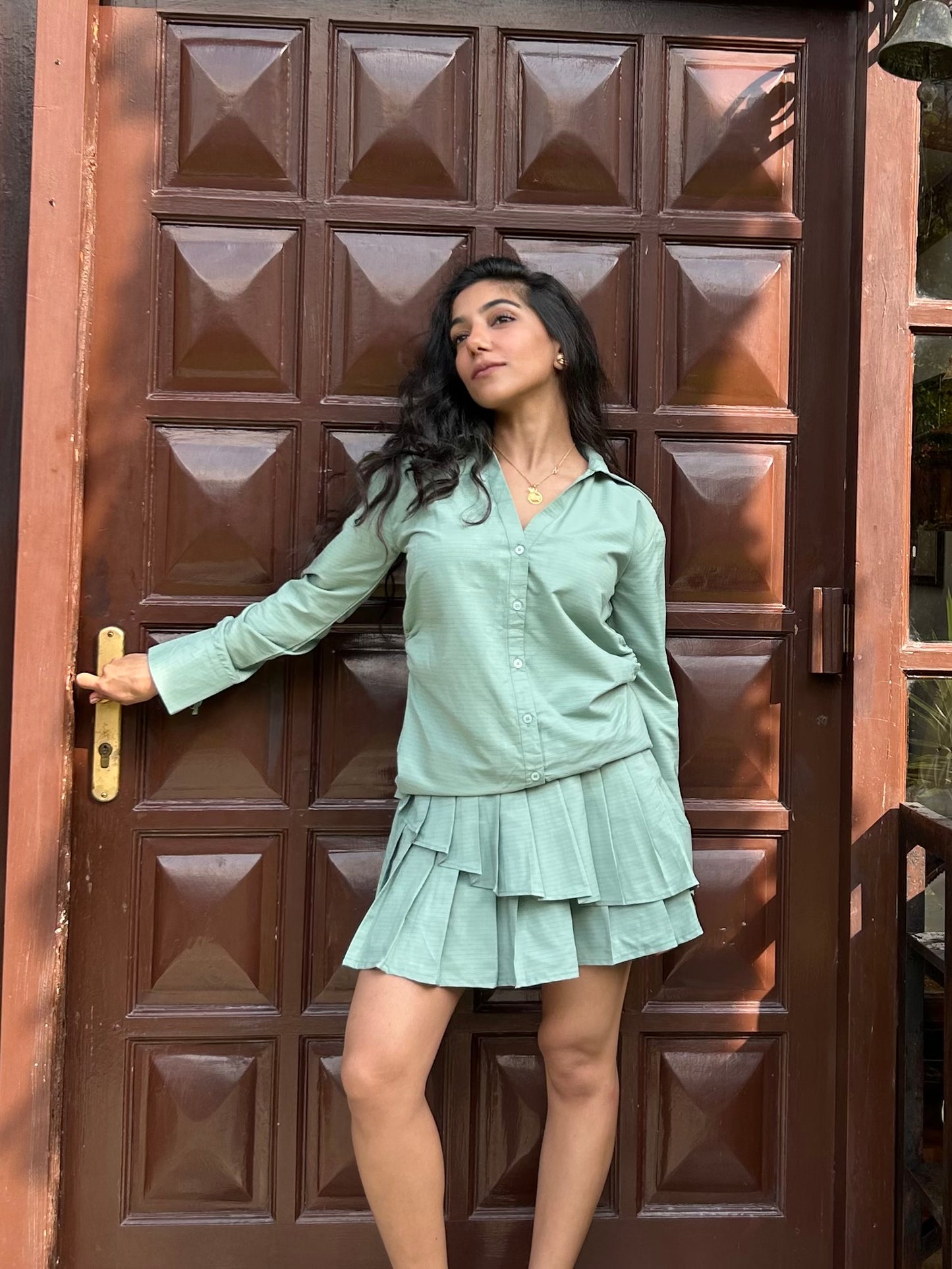 Sage Stripes Cotton Poplin Shirt & Pleated Skort Set