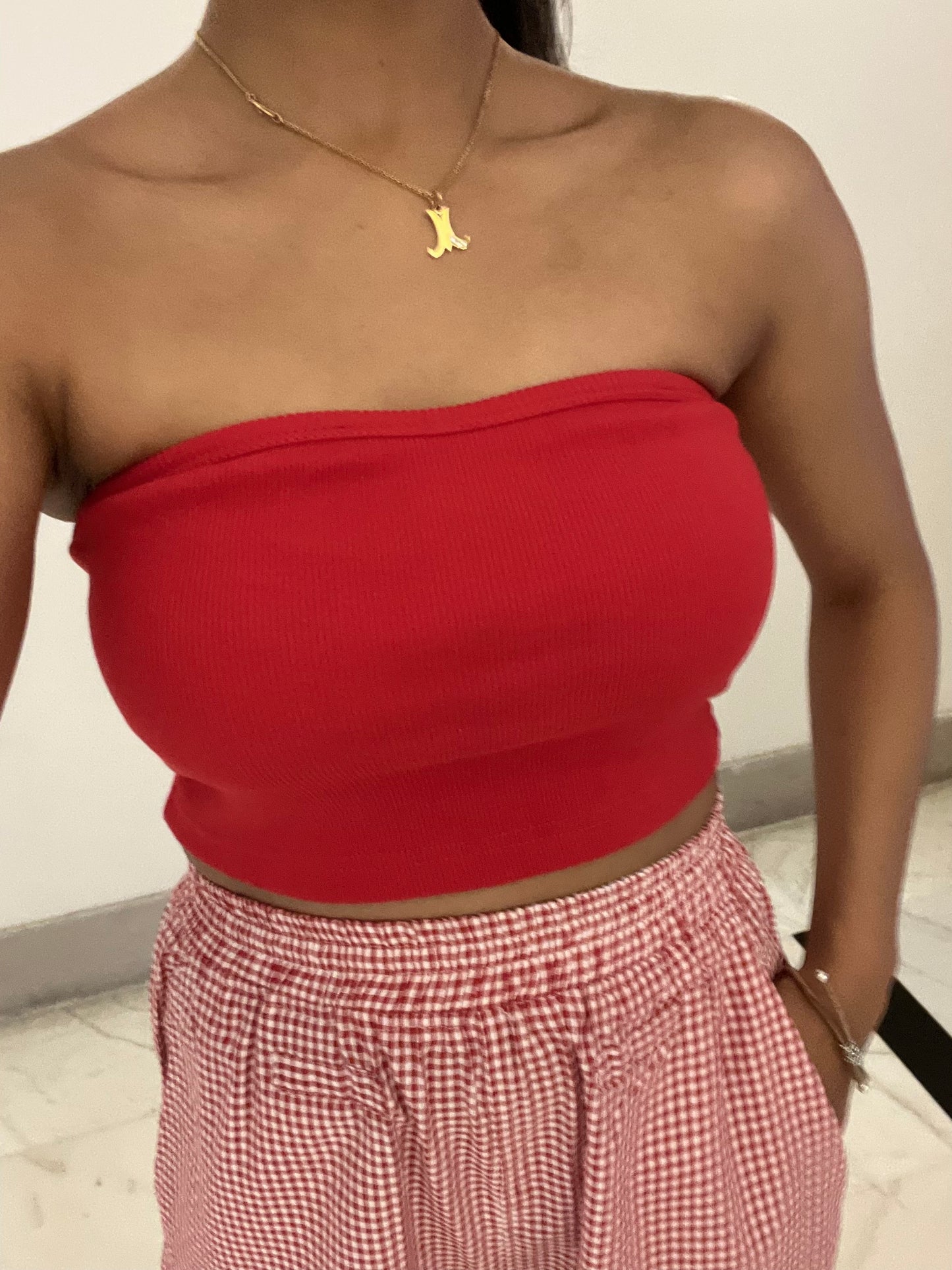 Red Tube Gingham Pant Set