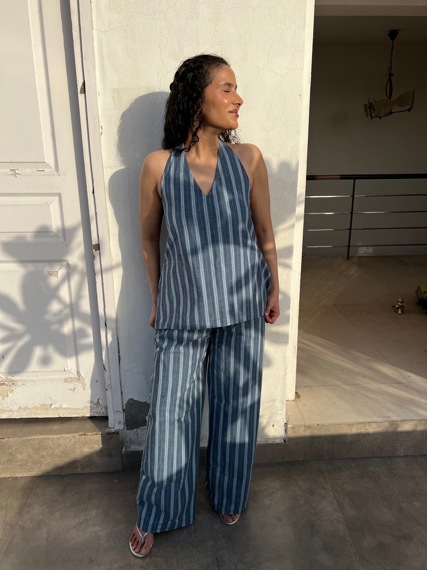 Blue Pure Cotton Stripes Tie up & Pants Set