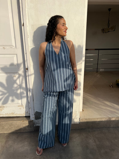 Blue Pure Cotton Stripes Tie up & Pants Set