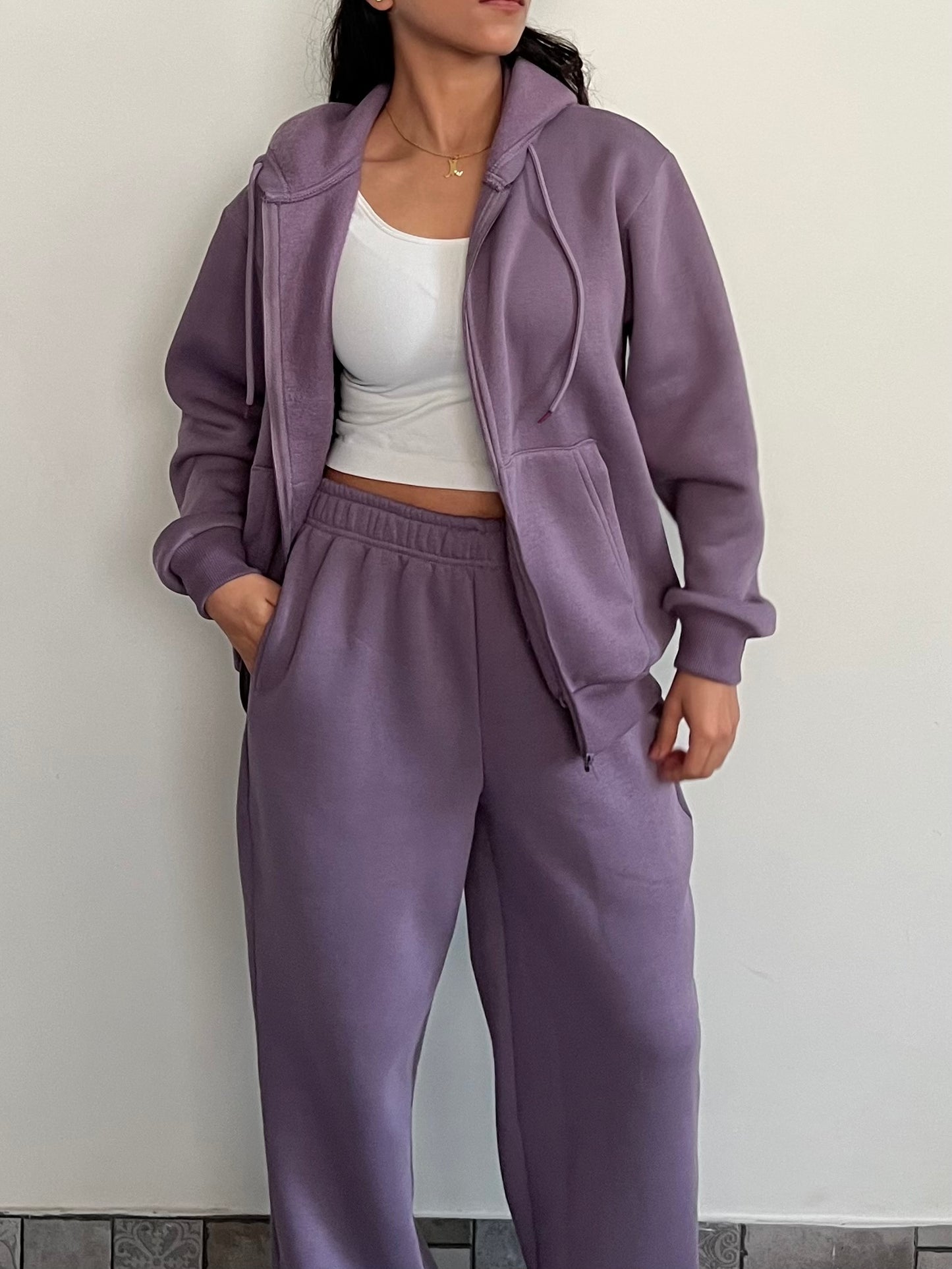 Unisex Light Mauve Zipper Hoodie Cotton Fleece SET (High Warmth)