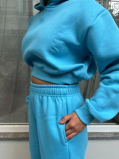 Light Blue Cropped Hoodie Cotton Fleece SET