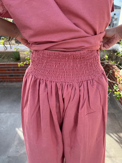 Dusty Rose Cotton Linen Draped Top & Pants Set