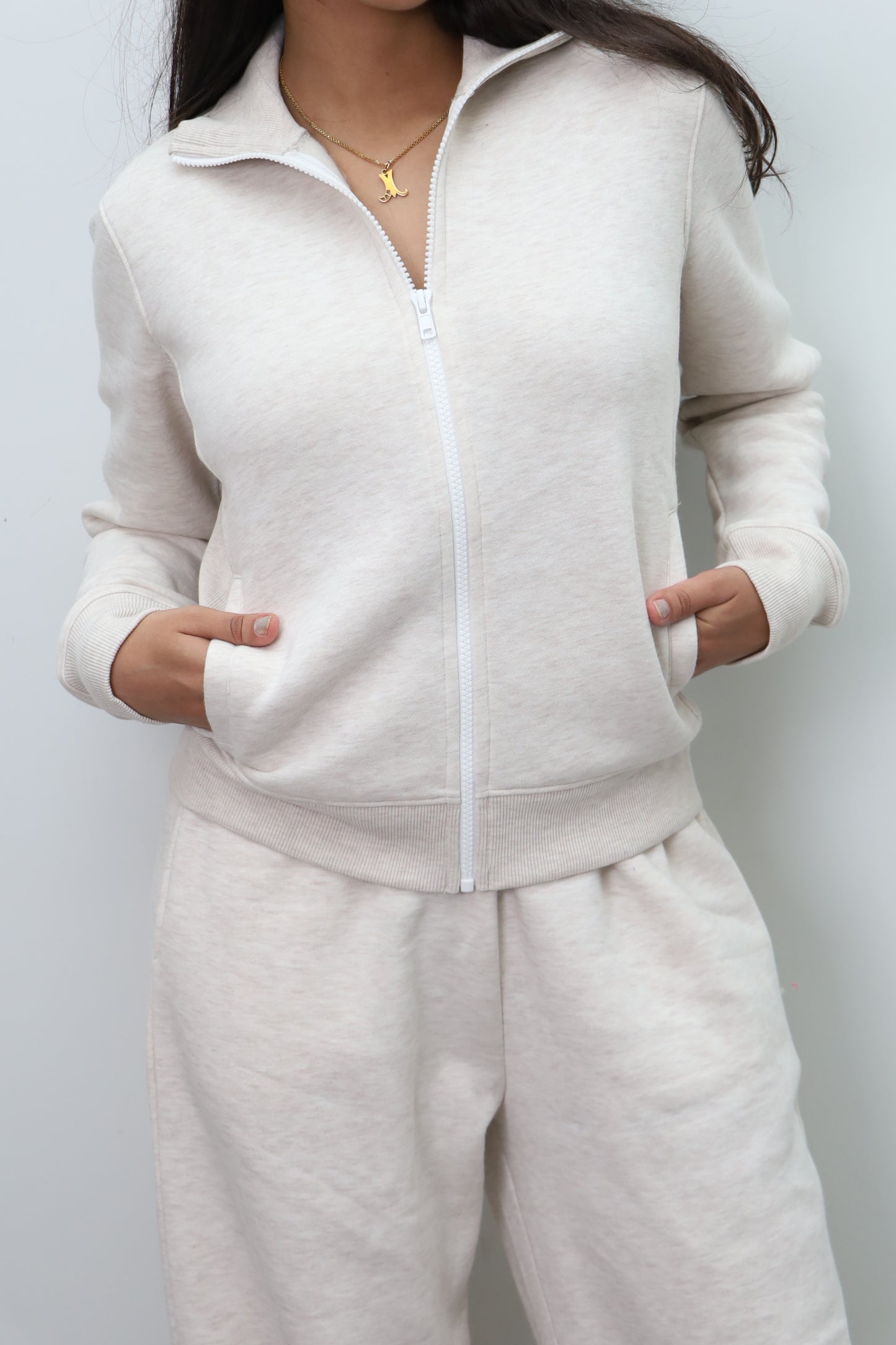 Fleece Grey Melange Zipper & Fleece Pants SET