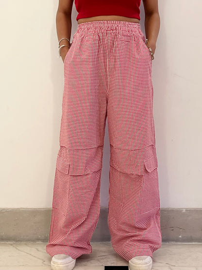 Red Half Sleeves Gingham Pant Set
