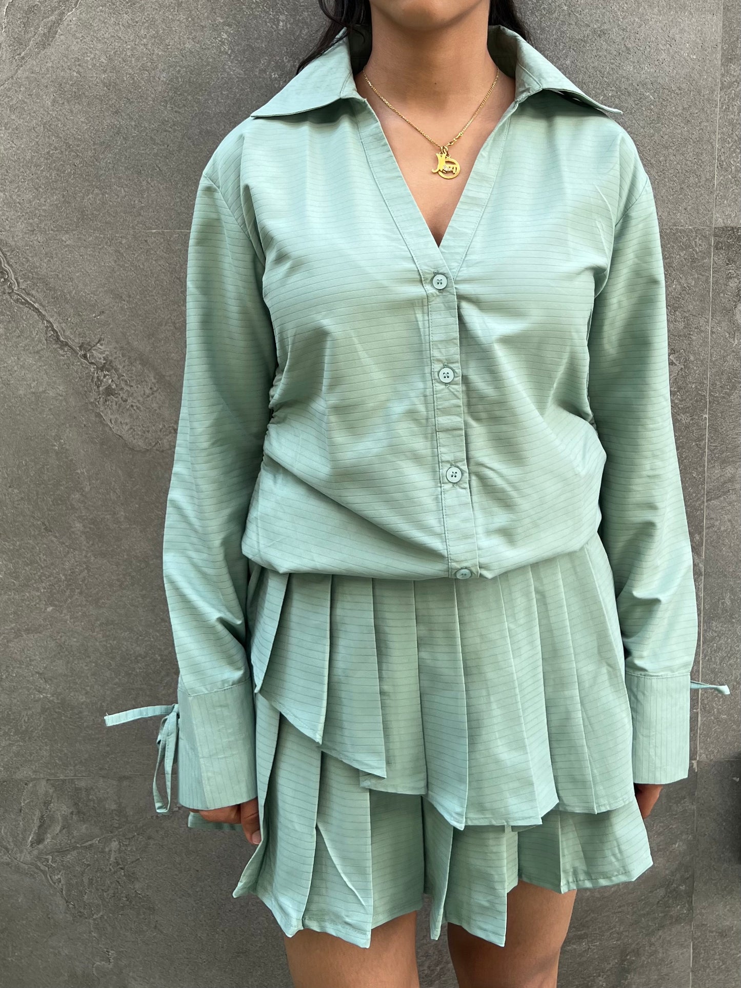 Sage Stripes Cotton Poplin Shirt & Pleated Skort Set