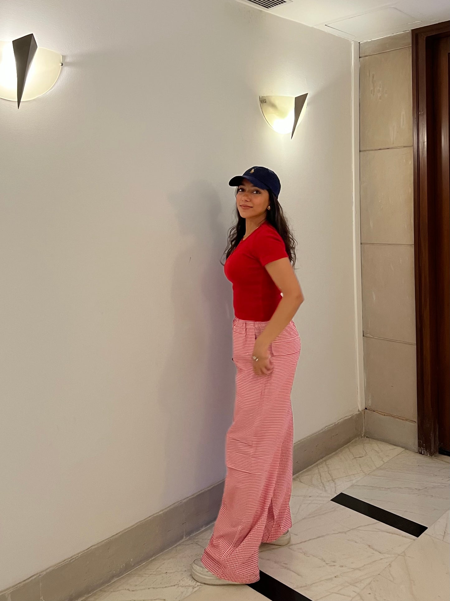 Red Half Sleeves Gingham Pant Set
