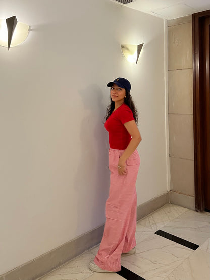 Red Half Sleeves Gingham Pant Set