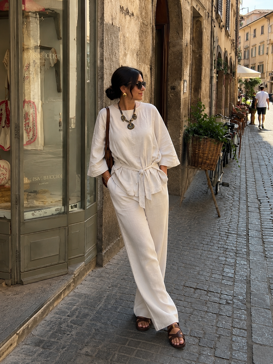 Ecru Front Tie-Up Cotton Linen Top & Pant Set