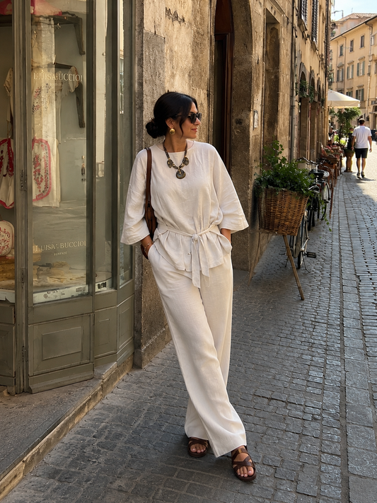 Ecru Cotton Linen Front Tie-Up Top & Pant Set