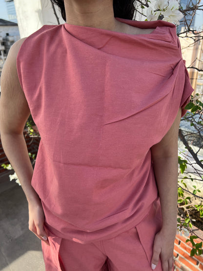 Dusty Rose Cotton Linen Draped Top & Pants Set