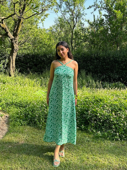 Halter Cotton Linen Blend Printed Dress