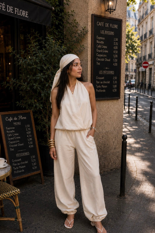 Cream Cotton Tie-Up Top & Balloon Pants Set