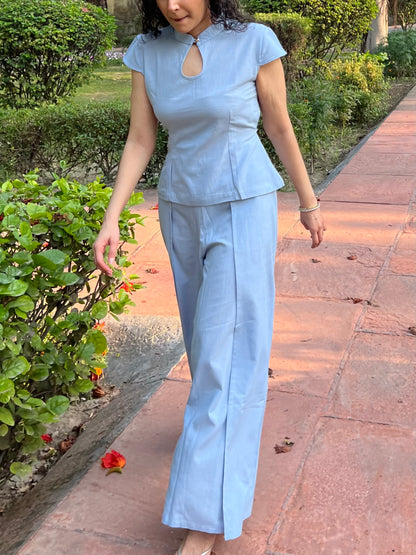Powder Blue Pure Cotton Keyhole Shirt & Pants Set