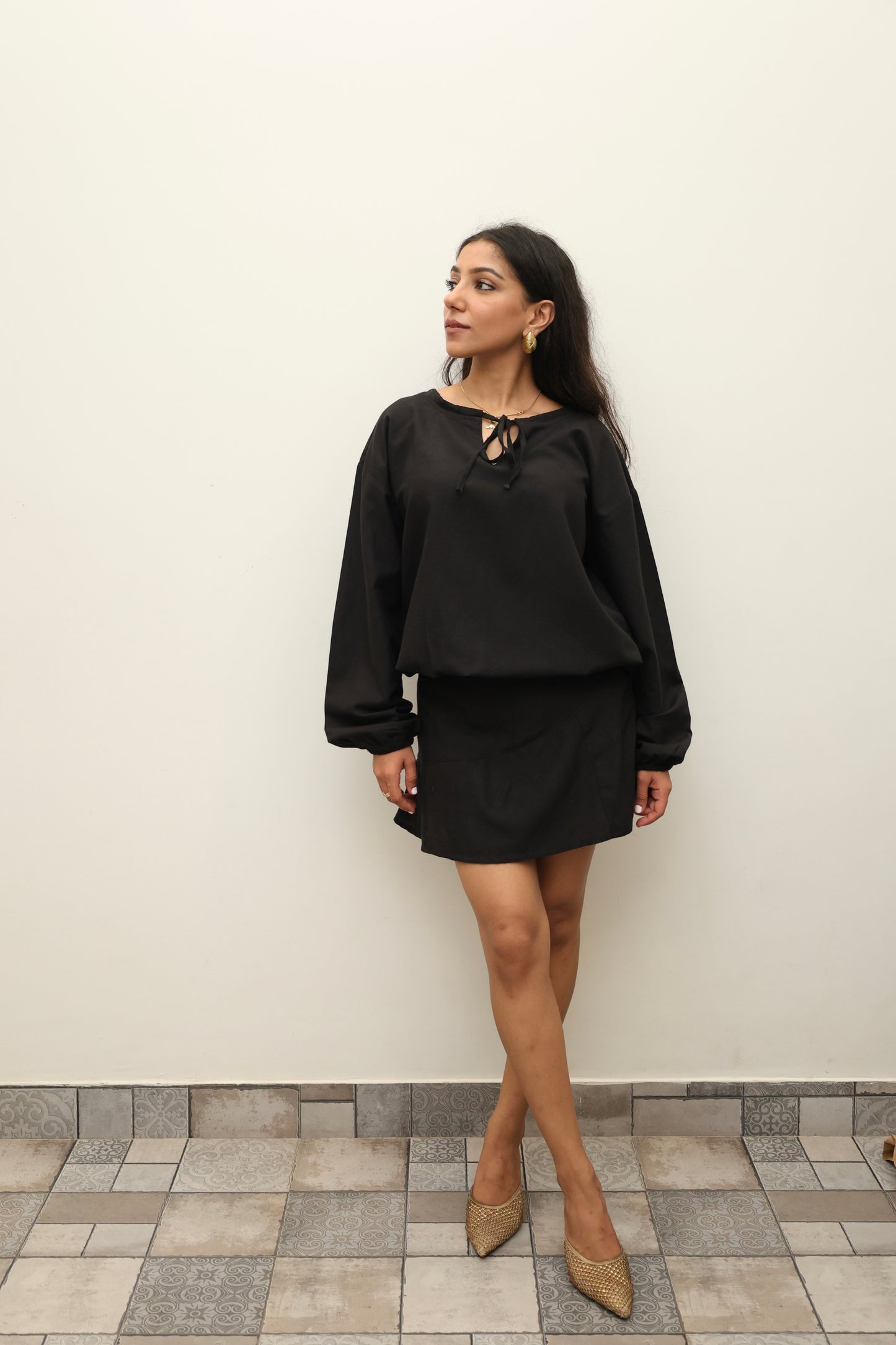 Black Cotton Linen Blend SKORT Set