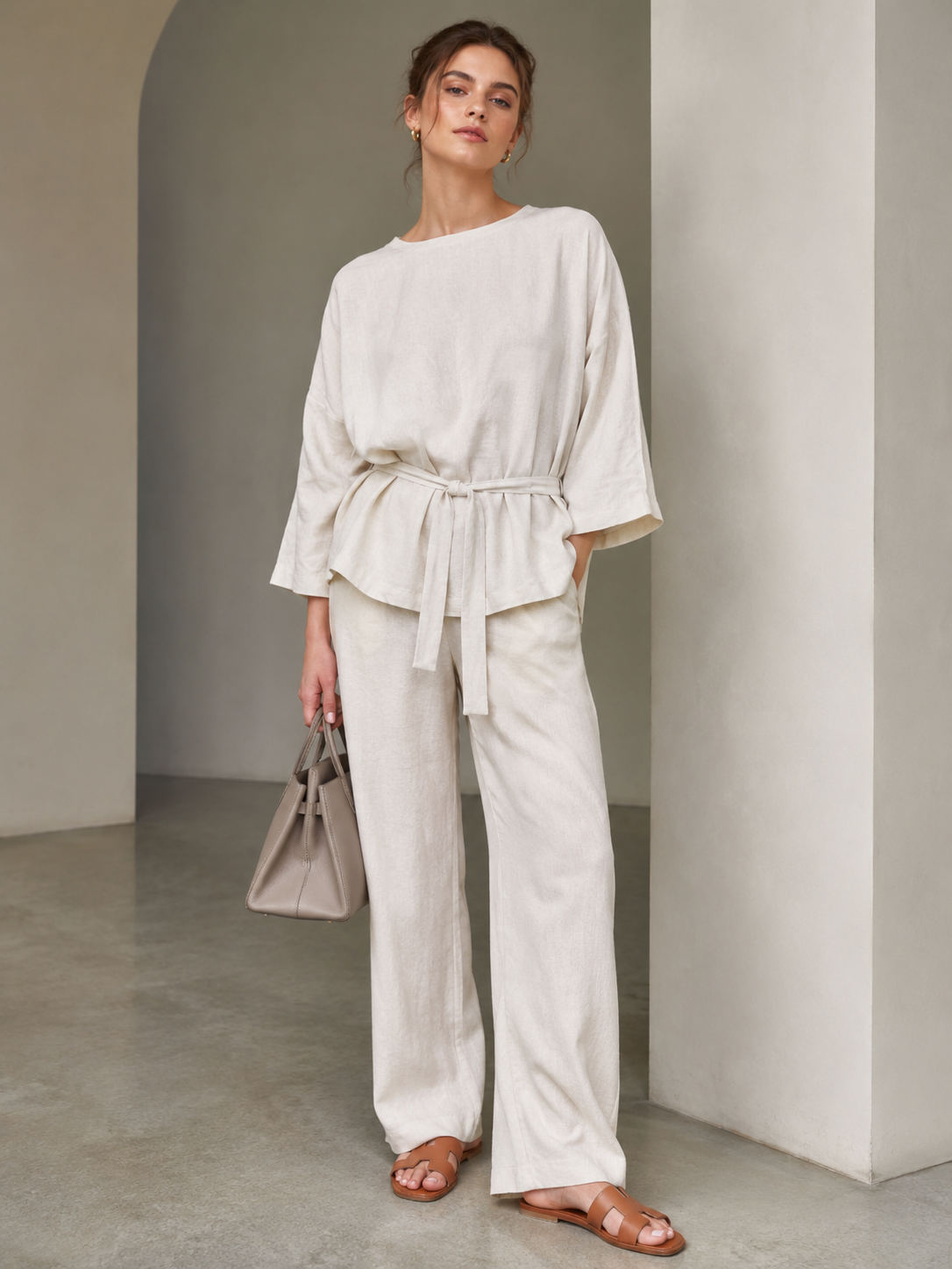 Ecru Front Tie-Up Cotton Linen Top & Pant Set