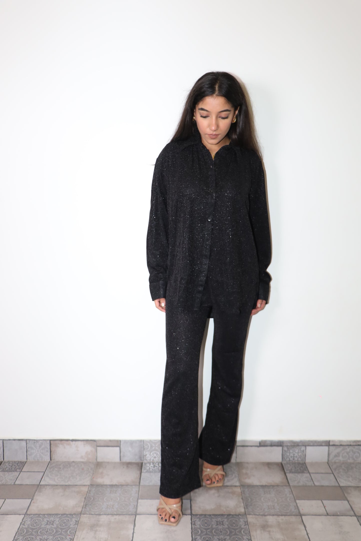 Black Cotton Shimmer Shirt Set