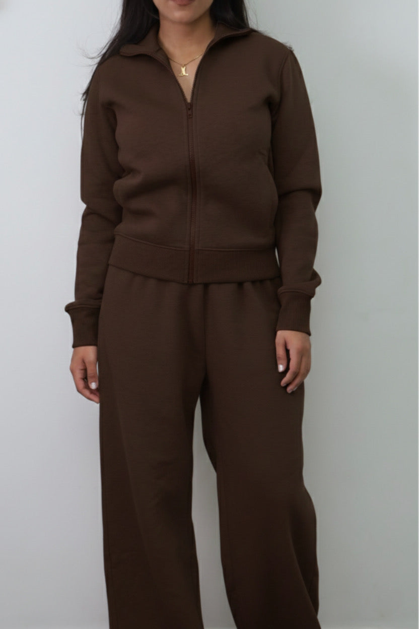 Brown Zipper Jacket Cotton Fleece SET