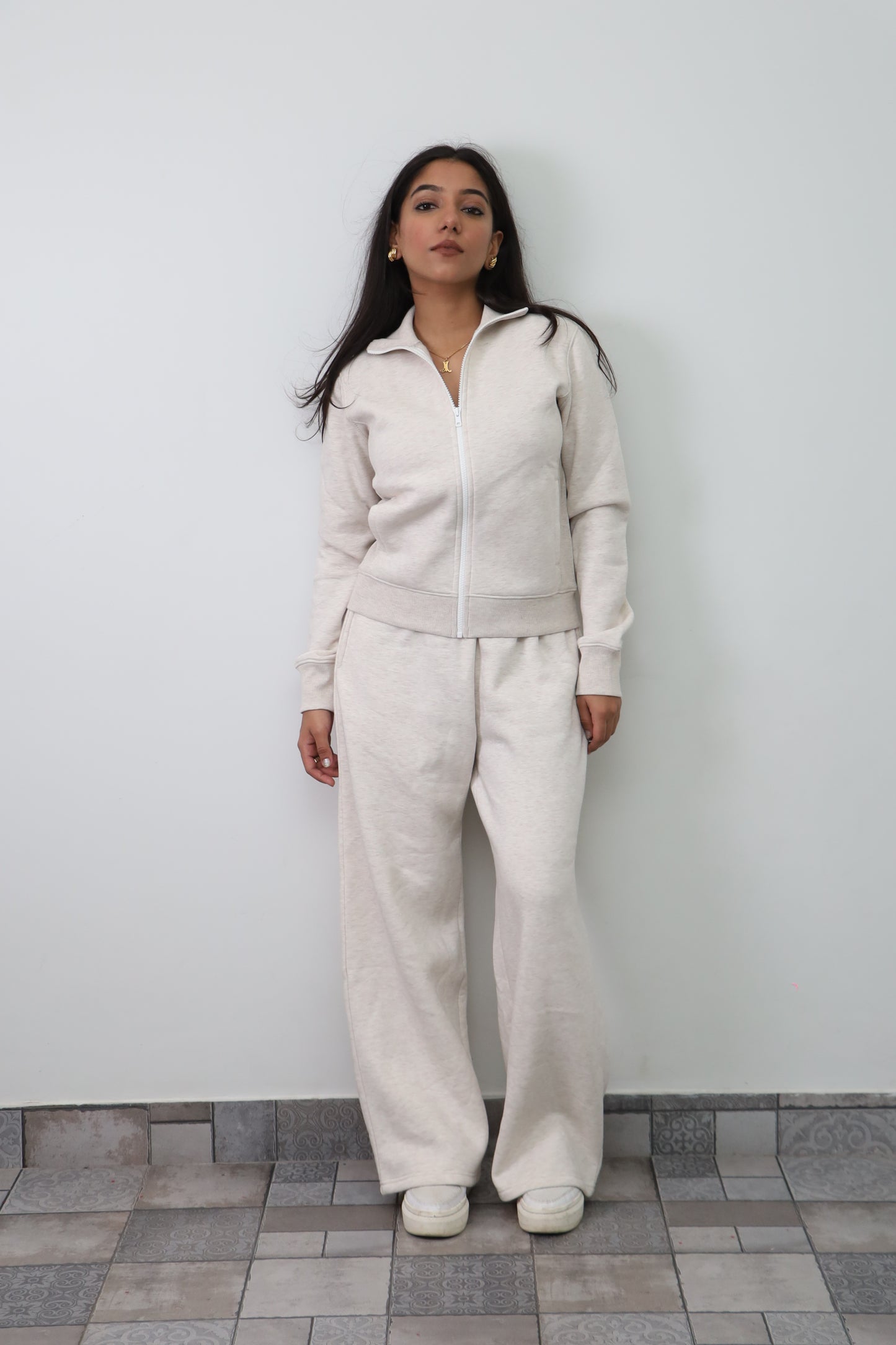 Fleece Grey Melange Zipper & Fleece Pants SET