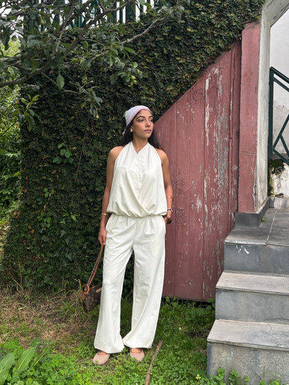 Cream Cotton Tie-Up Top & Balloon Pants Set