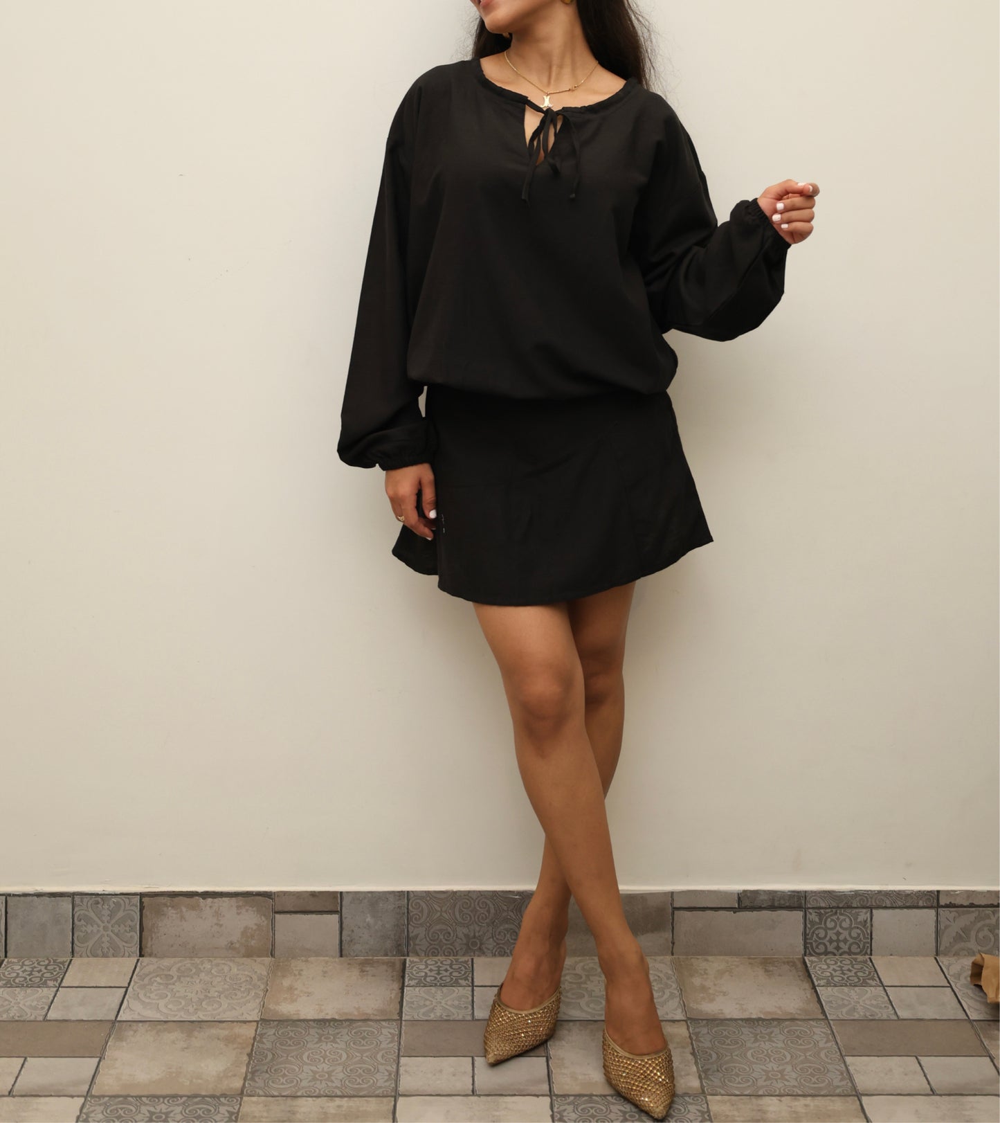 Black Cotton Linen Blend SKORT Set