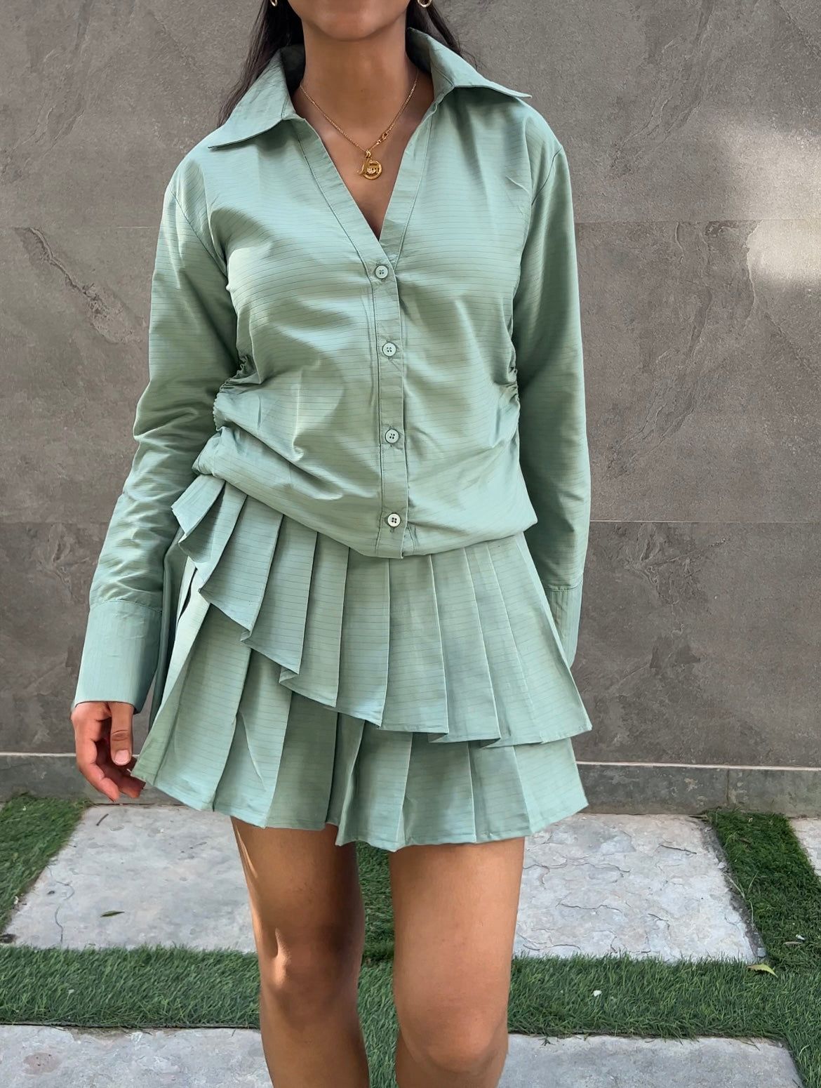 Sage Stripes Cotton Poplin Shirt & Pleated Skort Set
