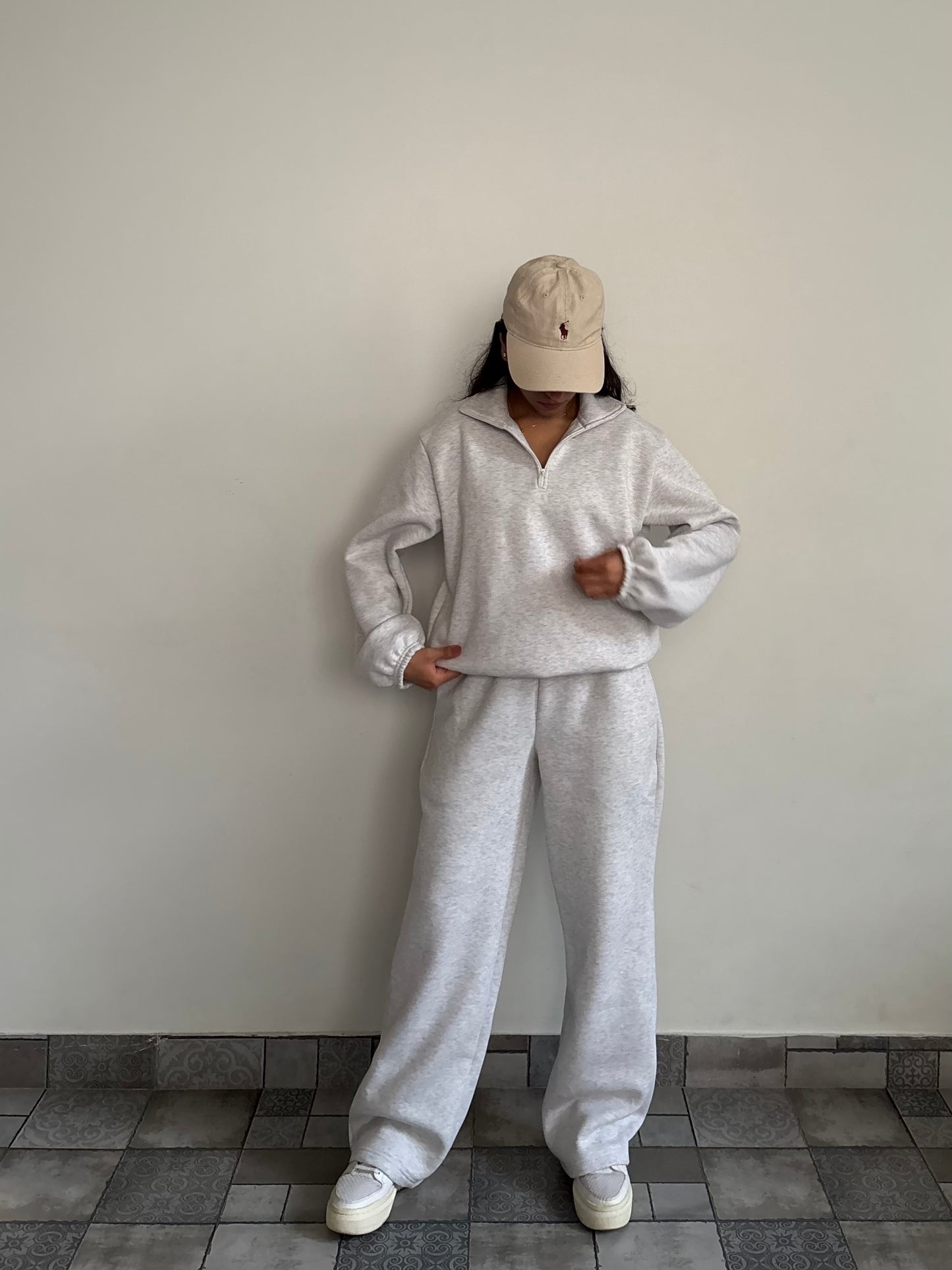 Unisex Grey Melange Half-Zip Cotton Fleece SET  (High Warmth)