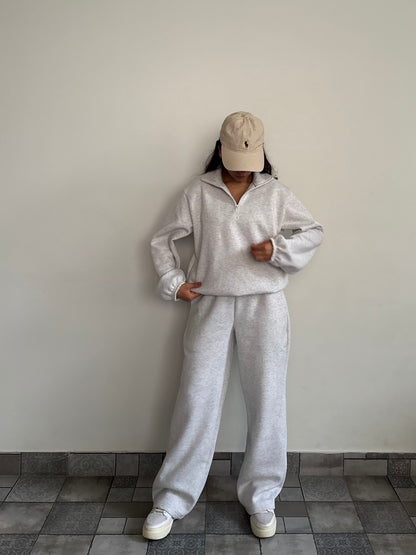 Unisex Grey Melange Half-Zip Cotton Fleece SET  (High Warmth)