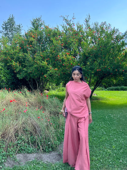 Dusty Rose Pure Cotton Draped Top & Pants Set