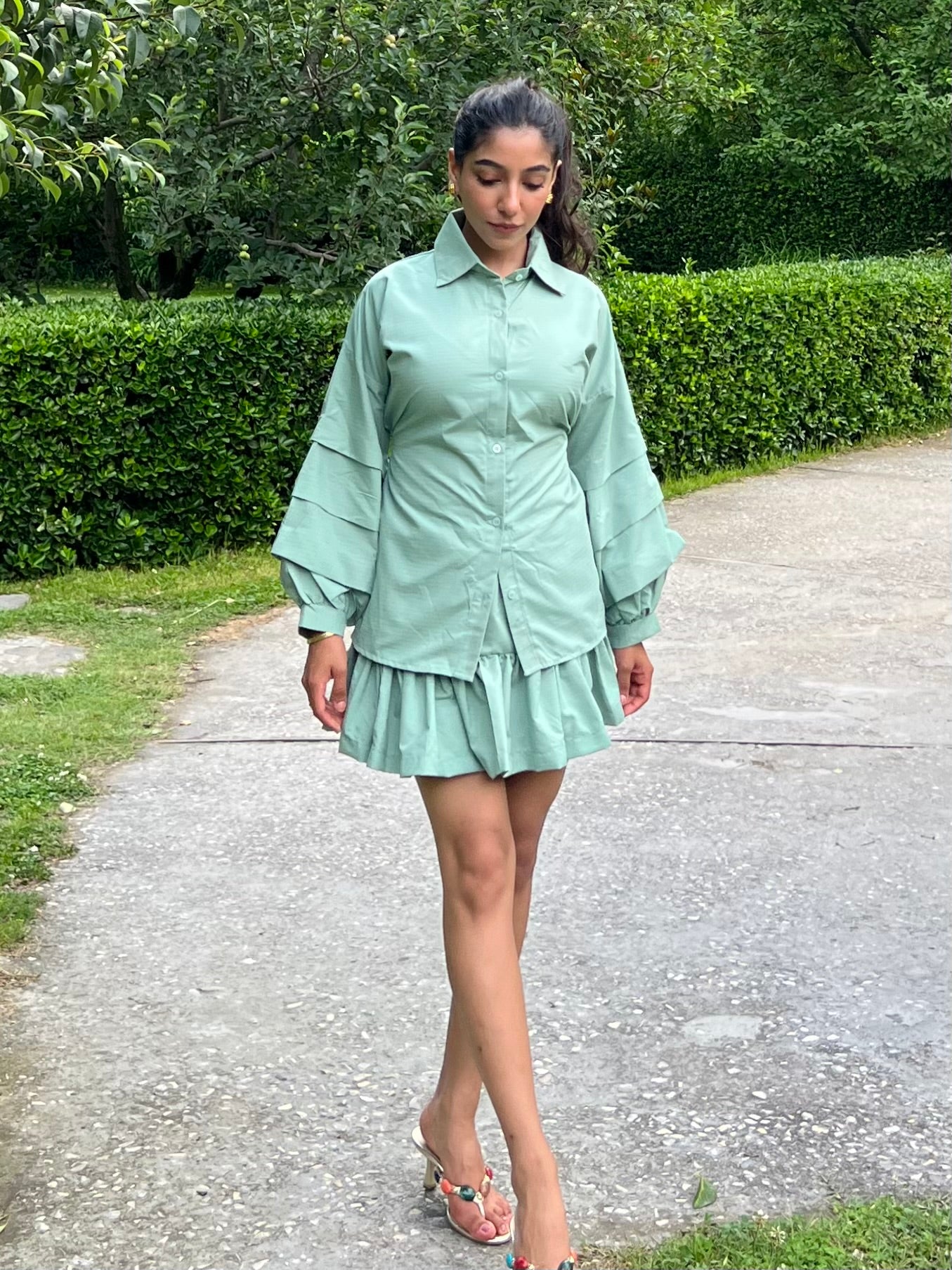 Sage Green Stripes Cotton Poplin Ruffle Skort Set