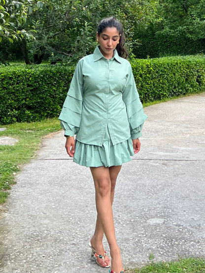 Sage Green Stripes Cotton Poplin Ruffle Skort Set
