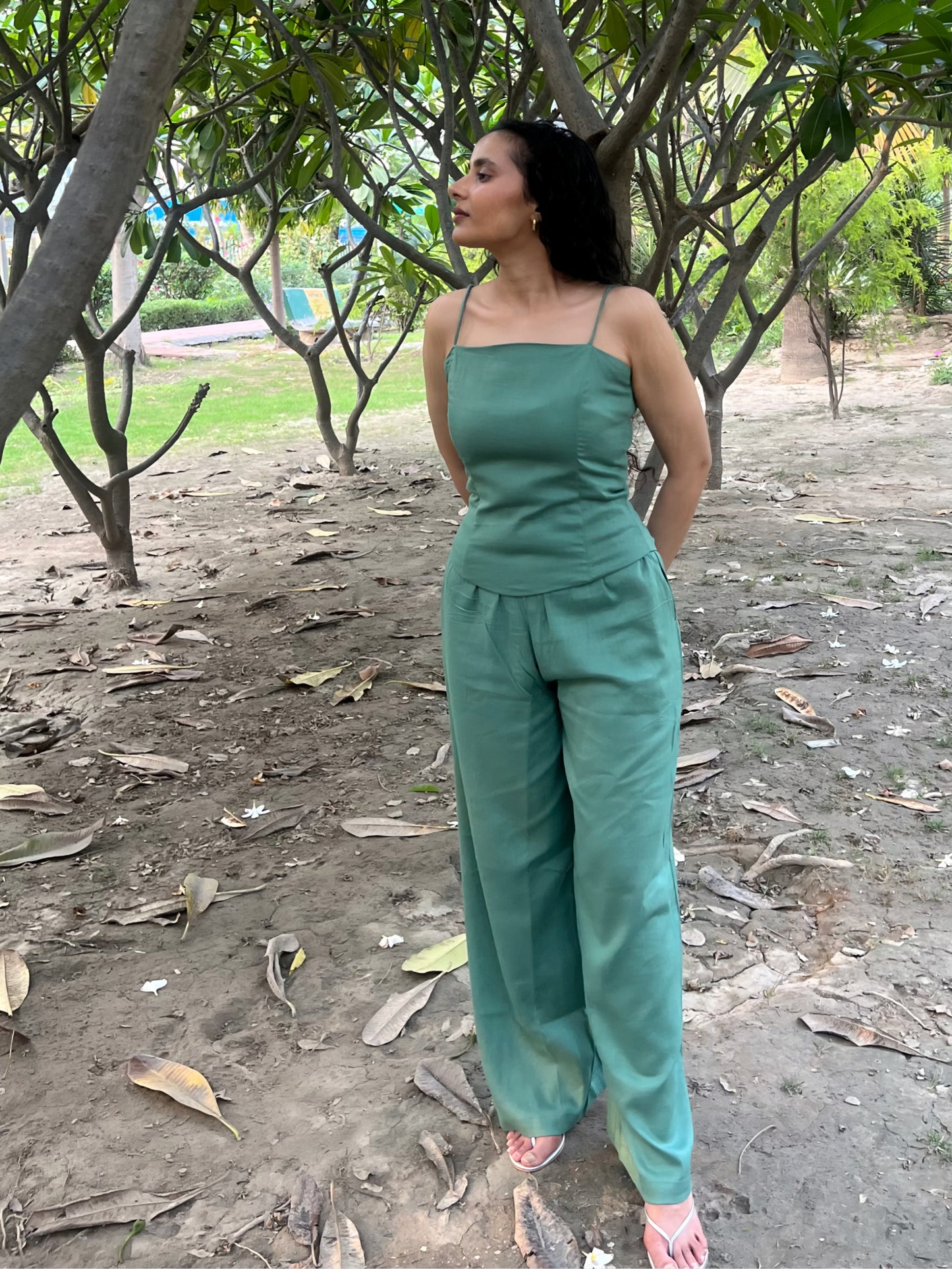 Sage Green Pure Cotton Boned Corset Top & Pants Set