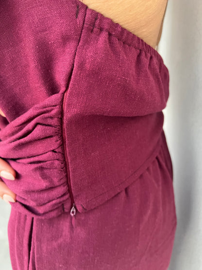 Wine Cotton Linen Ruched Halter Top & Pants Set