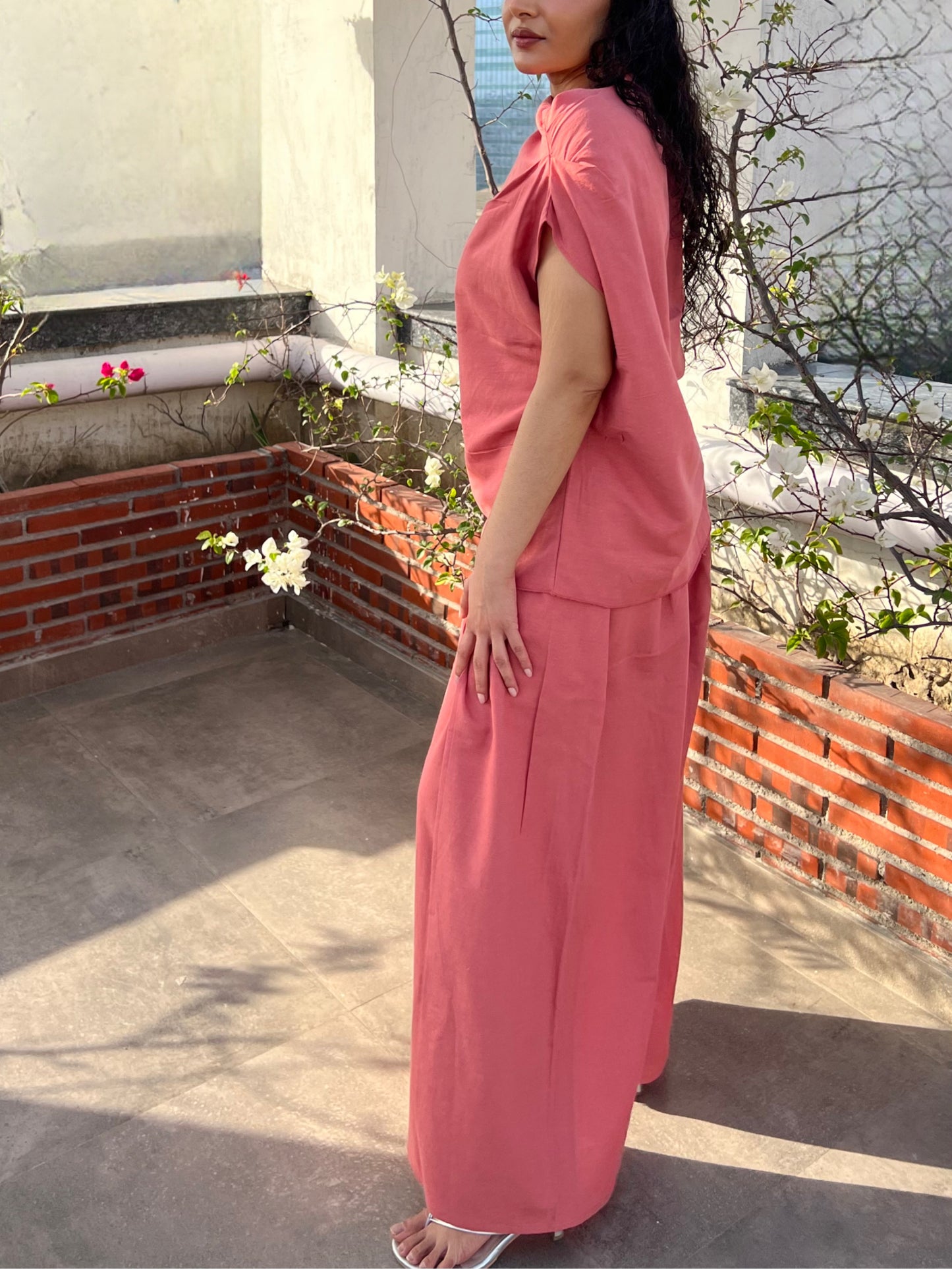 Dusty Rose Cotton Linen Draped Top & Pants Set