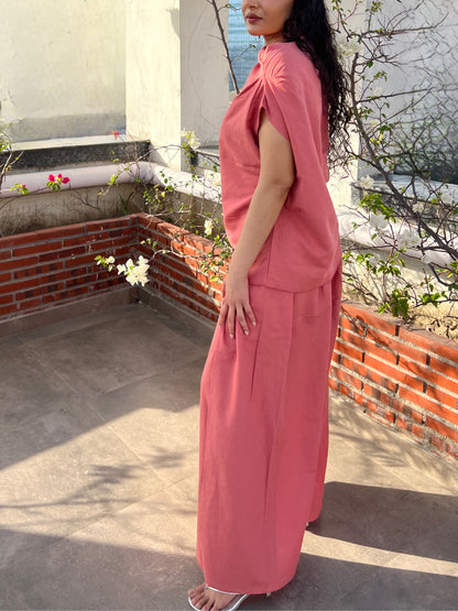 Dusty Rose Cotton Linen Draped Top & Pants Set