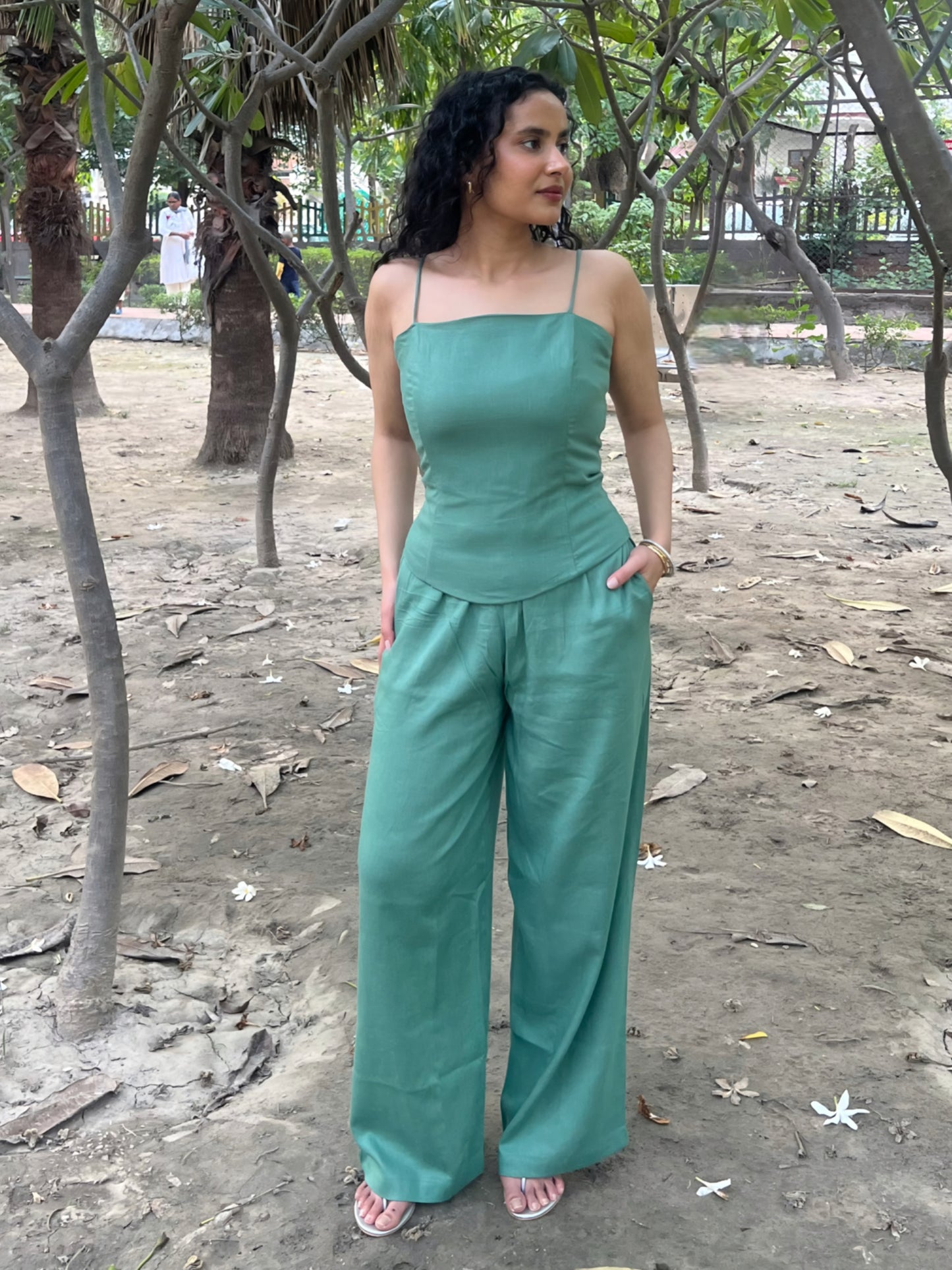 Sage Green Pure Cotton Boned Corset Top & Pants Set