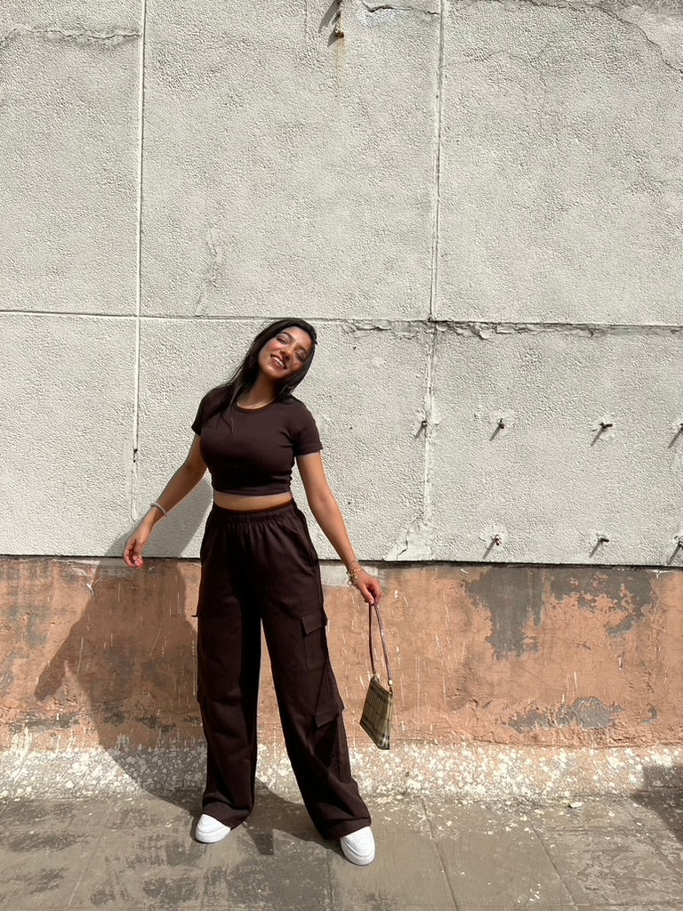 Brown French Terry Half Sleeves Cargo Set
