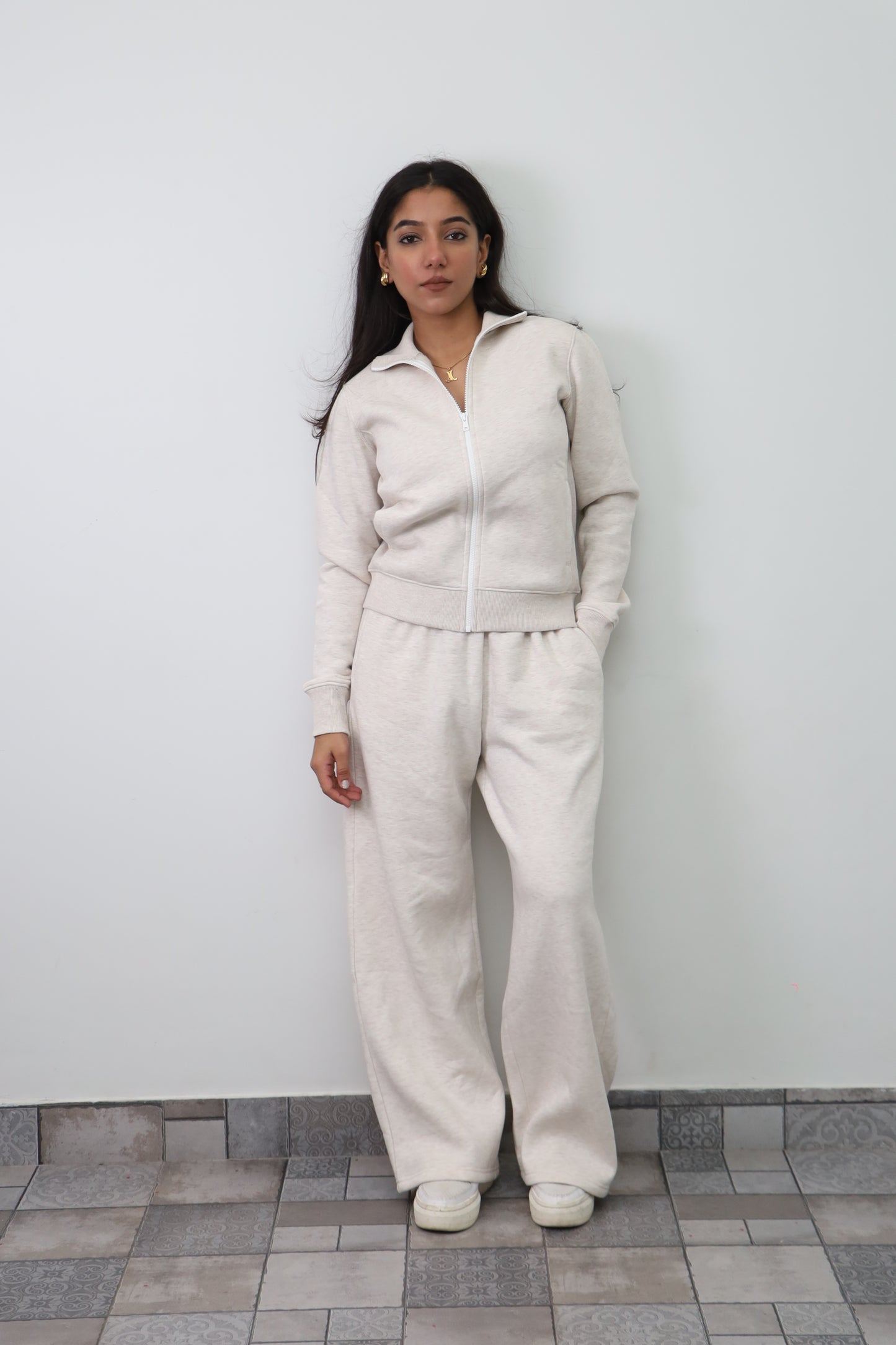 Fleece Grey Melange Zipper & Fleece Pants SET