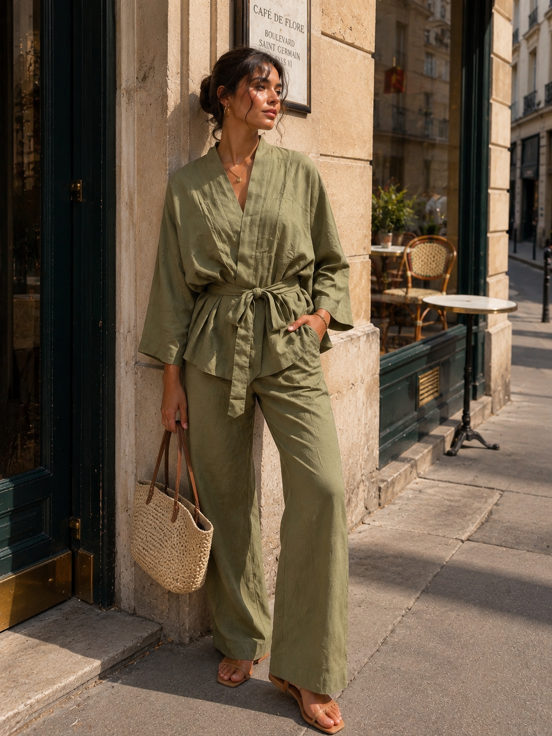 Olive Green Cotton Linen Kimono Set